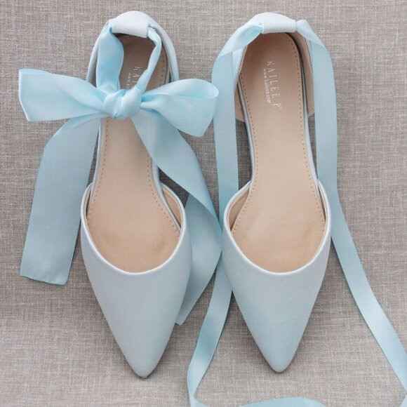 KaileeP Shoes - 7.5 Light Blue Satin Pointy Toe flats wSatin ANKLE TIE Or BALLERINA Lace Up, Tie